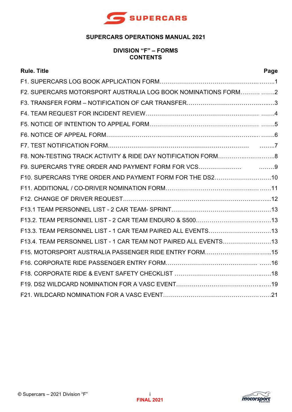 Supercars Operations Manual 2021