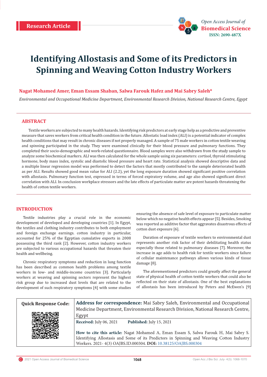 Identifying Allostasis and Some of Its Predictors in Spinning and Weaving Cotton Industry Workers