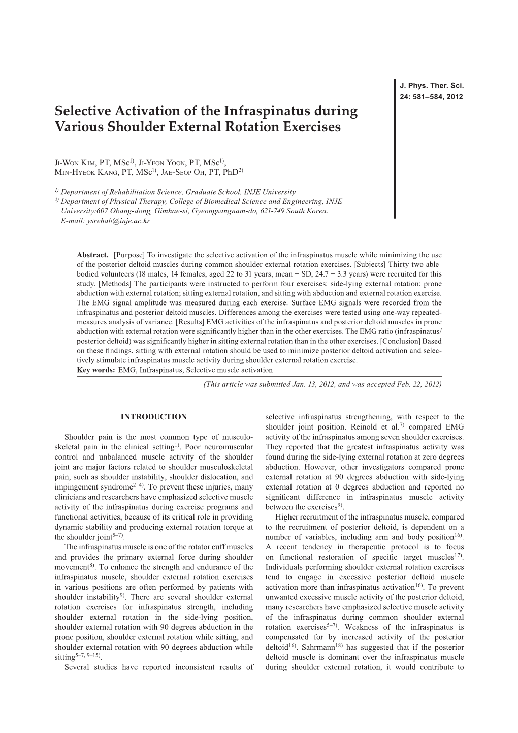 Selective Activation of the Infraspinatus During Various Shoulder External Rotation Exercises