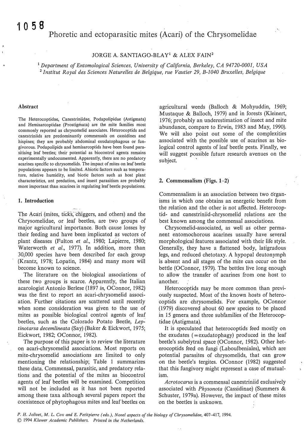 Phoretic and Ectoparasitic Mites (Acari) of the Chrysomelidae