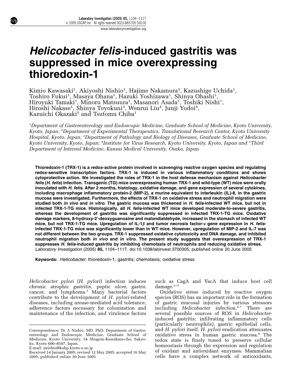 Helicobacter Felis-Induced Gastritis Was Suppressed in Mice Overexpressing Thioredoxin-1