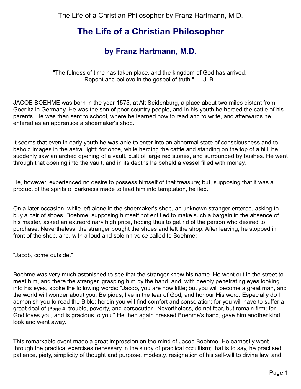 The Life of a Christian Philosopher by Franz Hartmann, MD