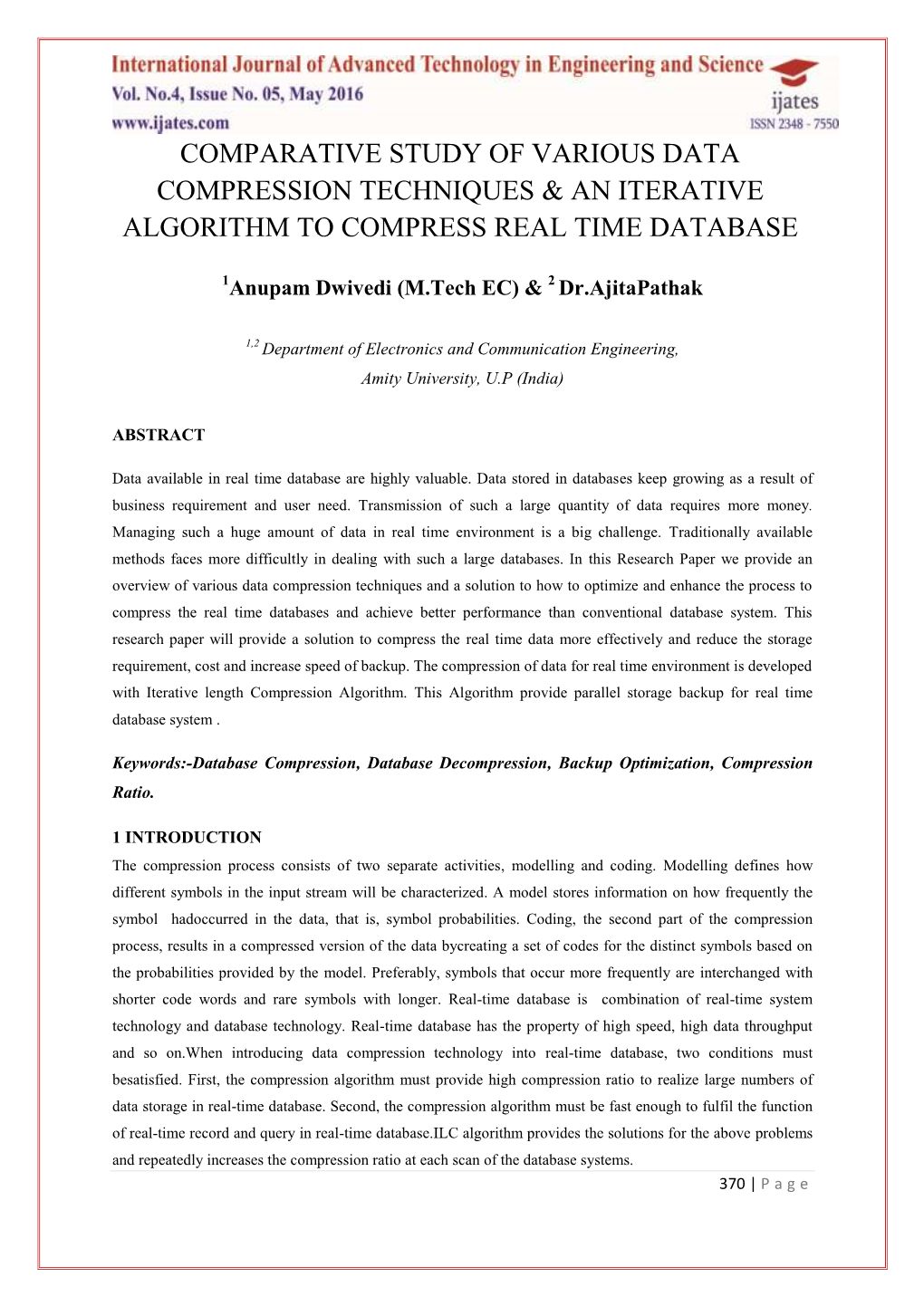 Comparative Study of Various Data Compression Techniques & an Iterative Algorithm to Compress Real Time Database