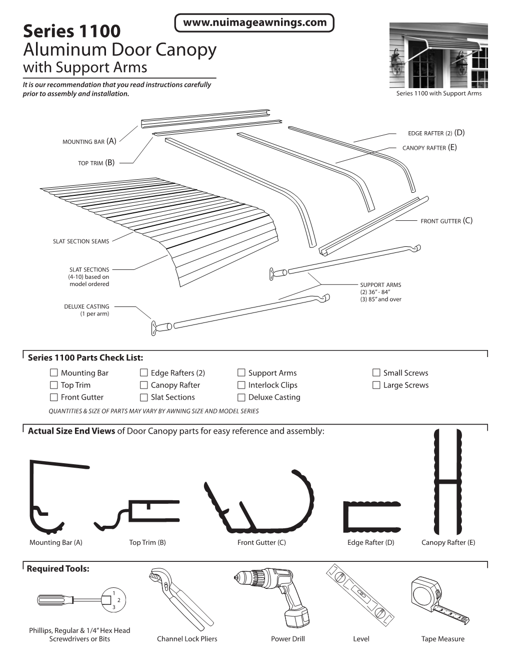 Series 1100 Aluminum Door Canopy with Support Arms