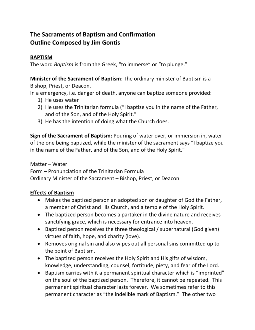 Baptism and Confirmation Outline Composed by Jim Gontis