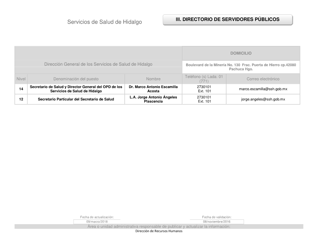 Lll. DIRECTORIO DE SERVIDORES PÚBLICOS Servicios De Salud De Hidalgo