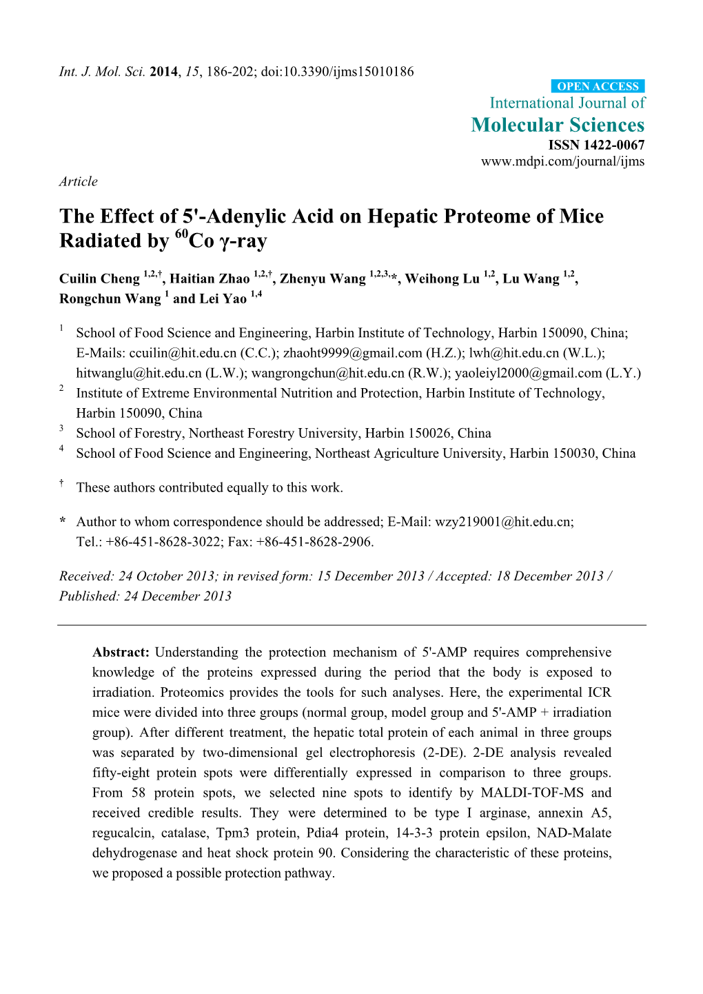 Adenylic Acid on Hepatic Proteome of Mice Radiated by 60Co Γ-Ray