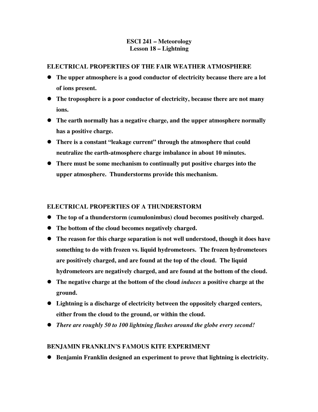 ESCI 241 – Meteorology Lesson 18 – Lightning ELECTRICAL