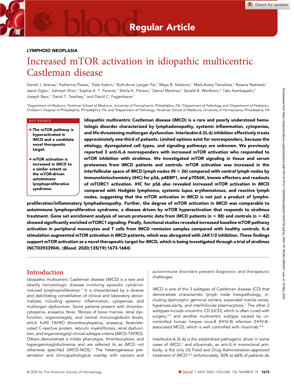 Increased Mtor Activation in Idiopathic Multicentric Castleman Disease