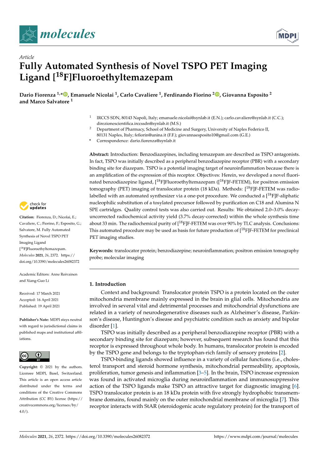 Fully Automated Synthesis of Novel TSPO PET Imaging Ligand [18F]Fluoroethyltemazepam