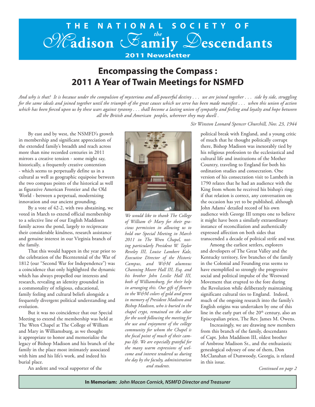 2011 Newsletter Encompassing the Compass : 2011 a Year of Twain Meetings for NSMFD