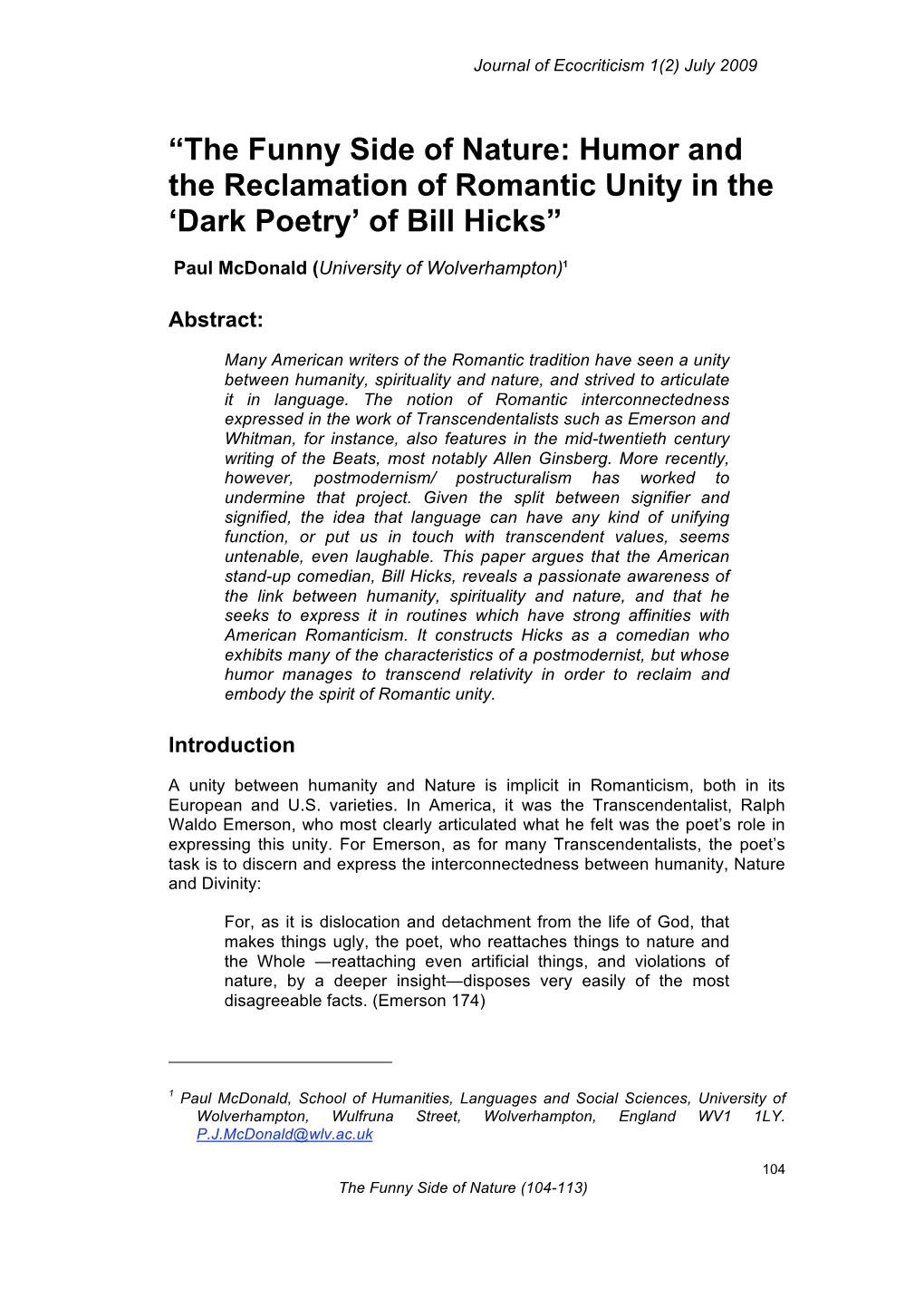 The Funny Side of Nature: Humor and the Reclamation of Romantic Unity in the ‘Dark Poetry’ of Bill Hicks”