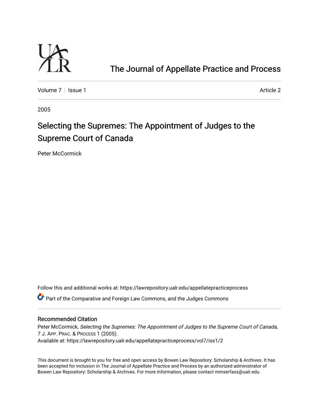 The Appointment of Judges to the Supreme Court of Canada