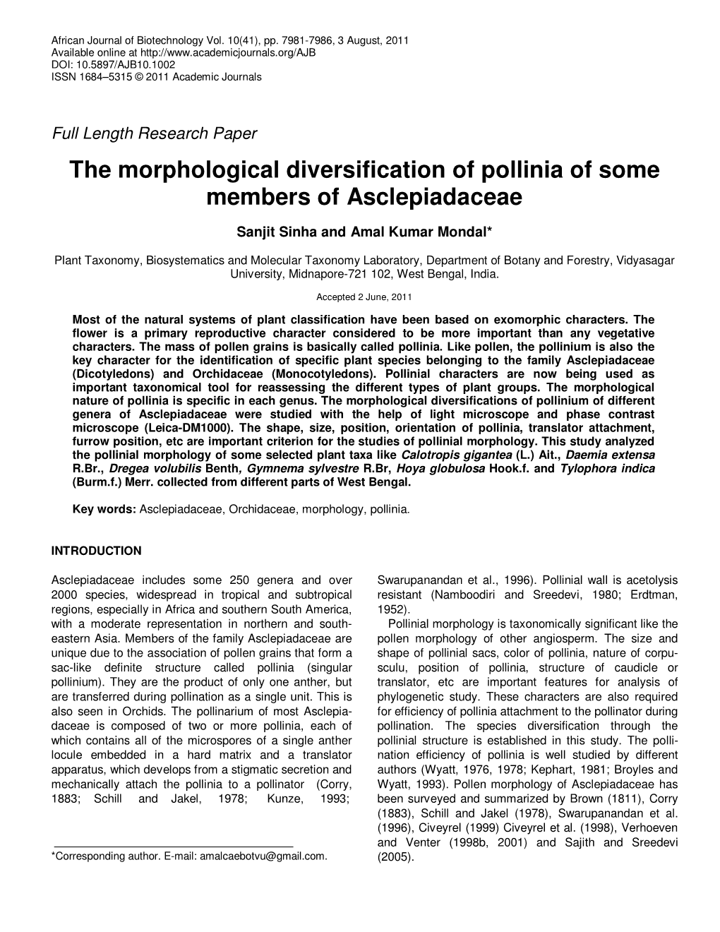 The Morphological Diversification of Pollinia of Some Members of Asclepiadaceae