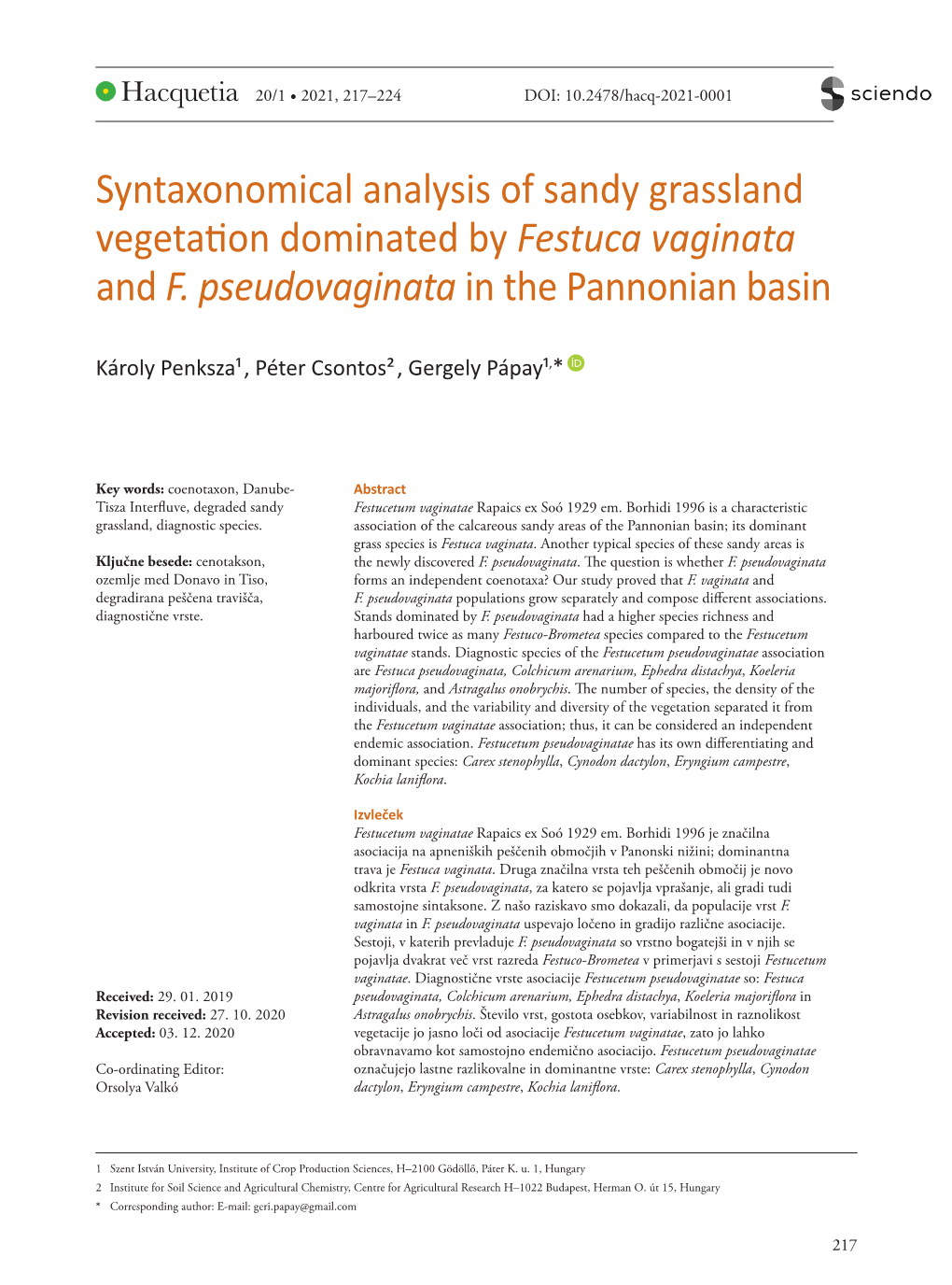 Syntaxonomical Analysis of Sandy Grassland Vegetation Dominated by Festuca Vaginata and F