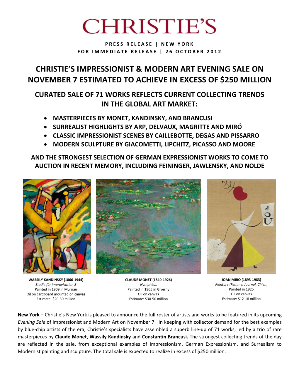 Christie's Impressionist & Modern Art Evening Sale On