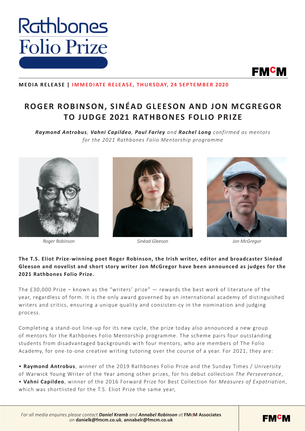 Roger Robinson, Sinéad Gleeson and Jon Mcgregor to Judge 2021 Rathbones Folio Prize