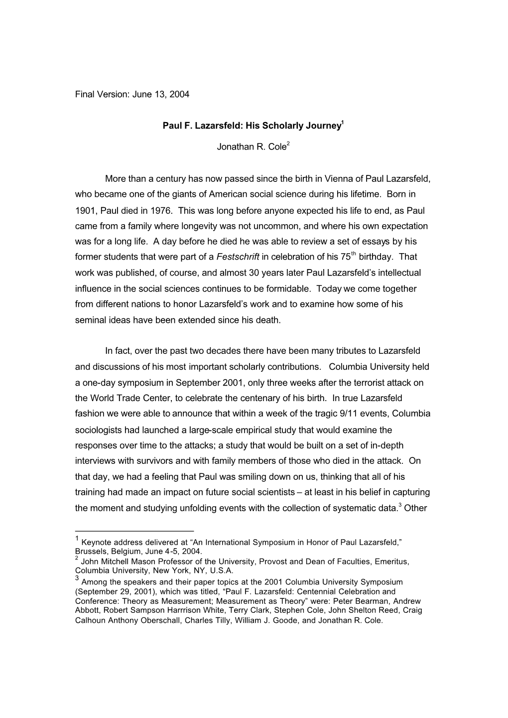 Paul F. Lazarsfeld: His Scholarly Journey1