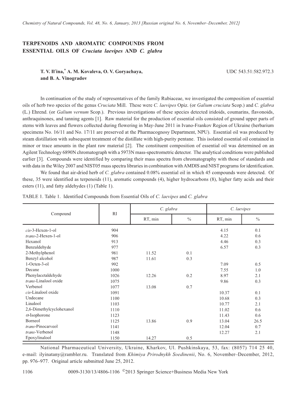 TERPENOIDS and AROMATIC COMPOUNDS from ESSENTIAL OILS of Cruciata Laevipes and C