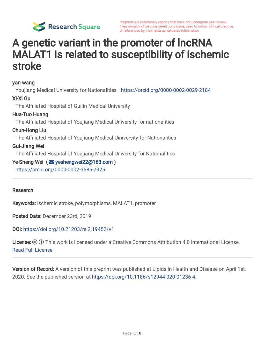 A Genetic Variant in the Promoter of Lncrna MALAT1 Is Related To