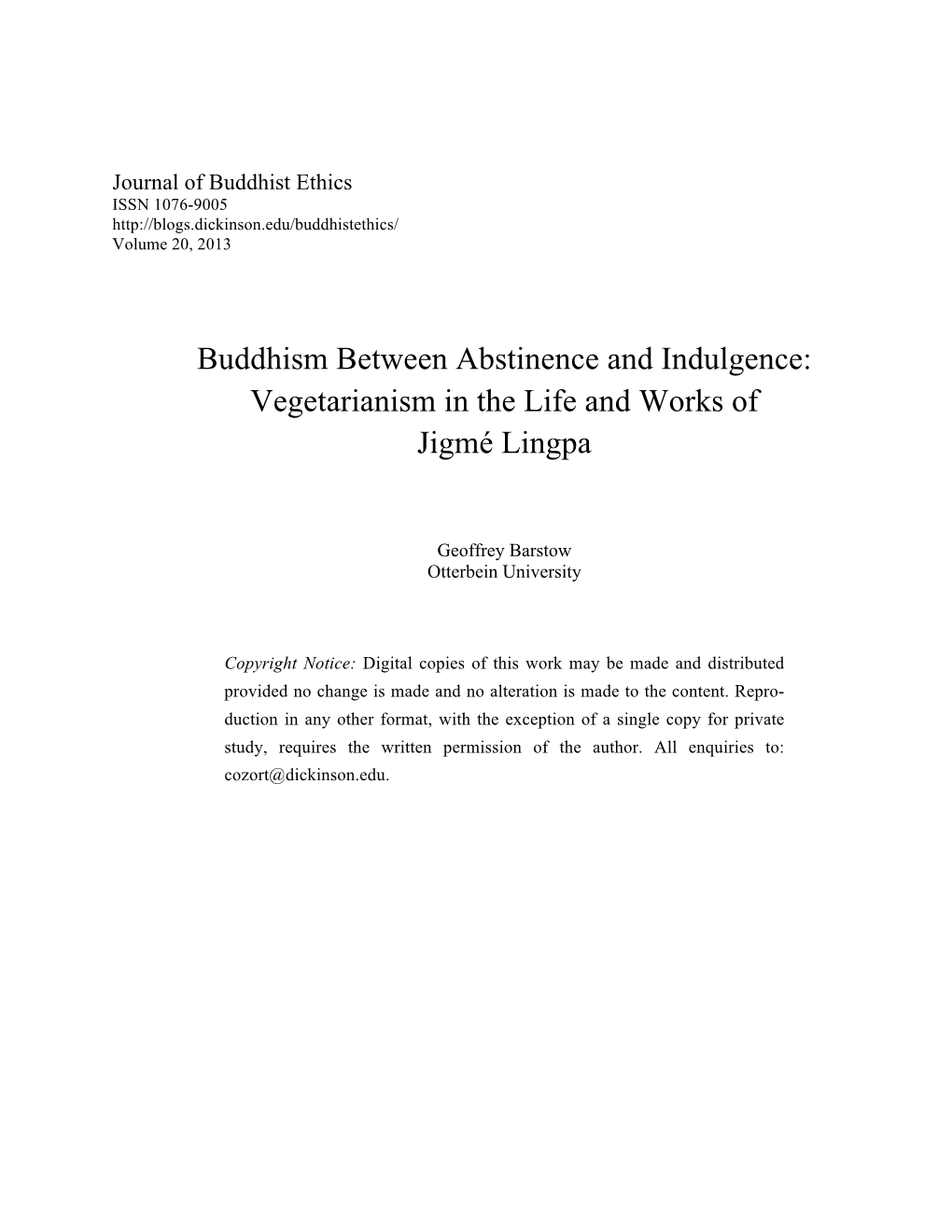 Buddhism Between Abstinence and Indulgence: Vegetarianism in the Life and Works of Jigmé Lingpa