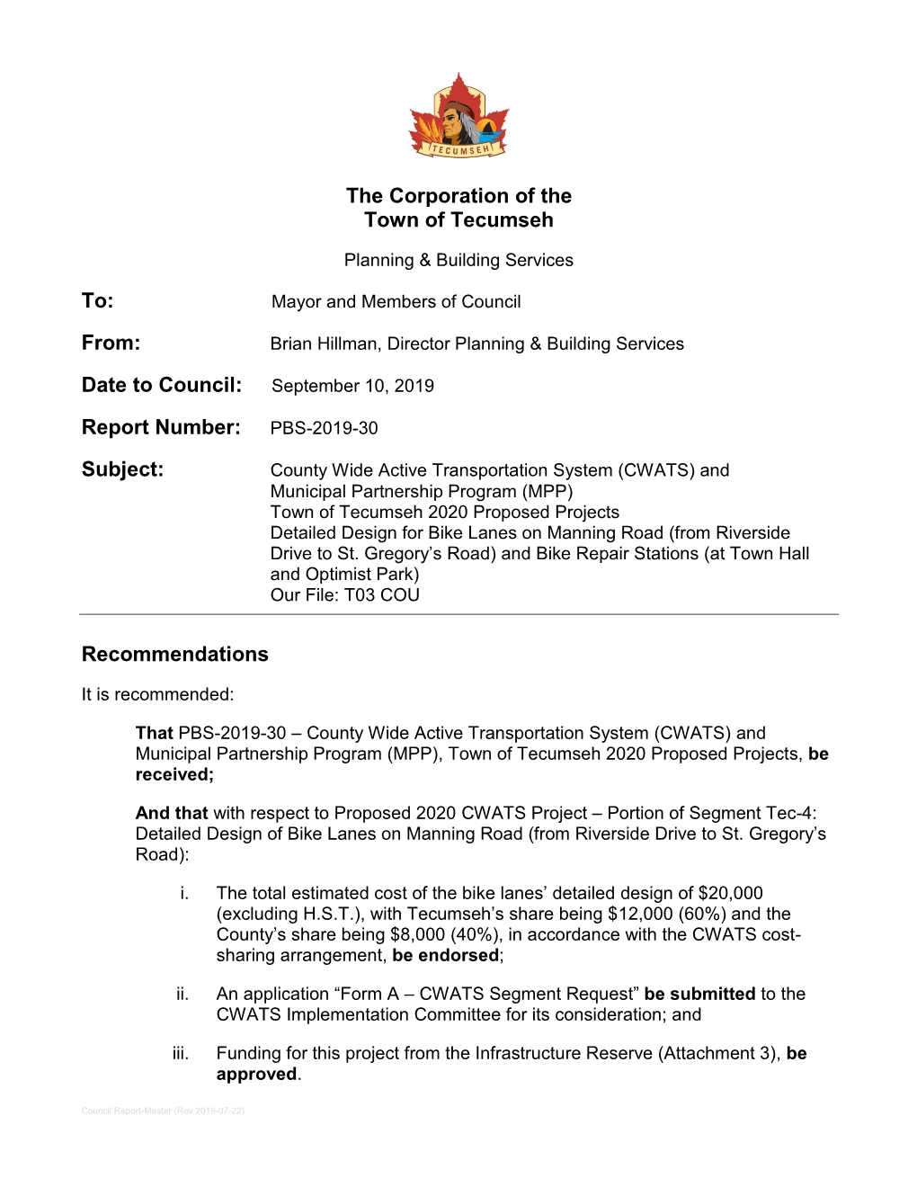 Date to Council: Report Number: PBS-2019-30 Subject