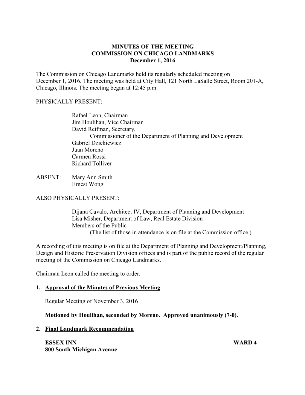 MINUTES of the MEETING COMMISSION on CHICAGO LANDMARKS December 1, 2016