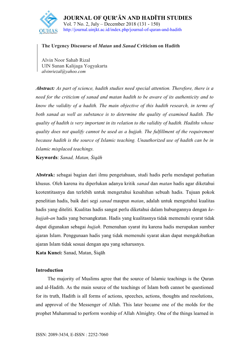 Journal of Qur'ān and Hadīth Studies