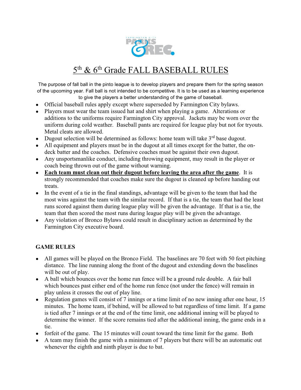 5Th & 6Th Grade FALL BASEBALL RULES