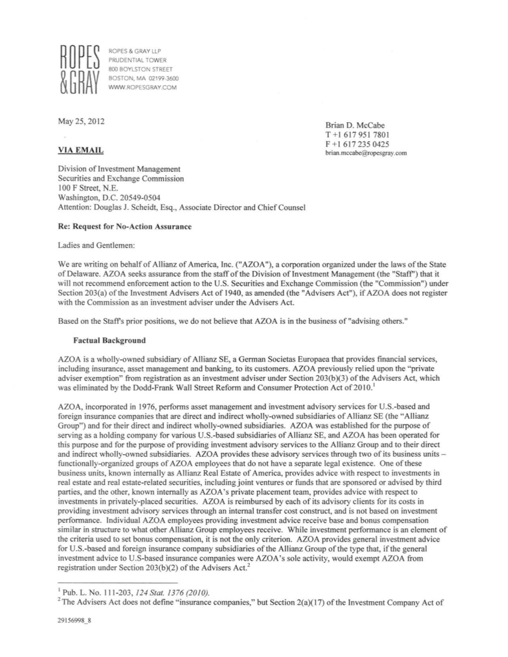 Incoming Letter: Allianz of America, Inc