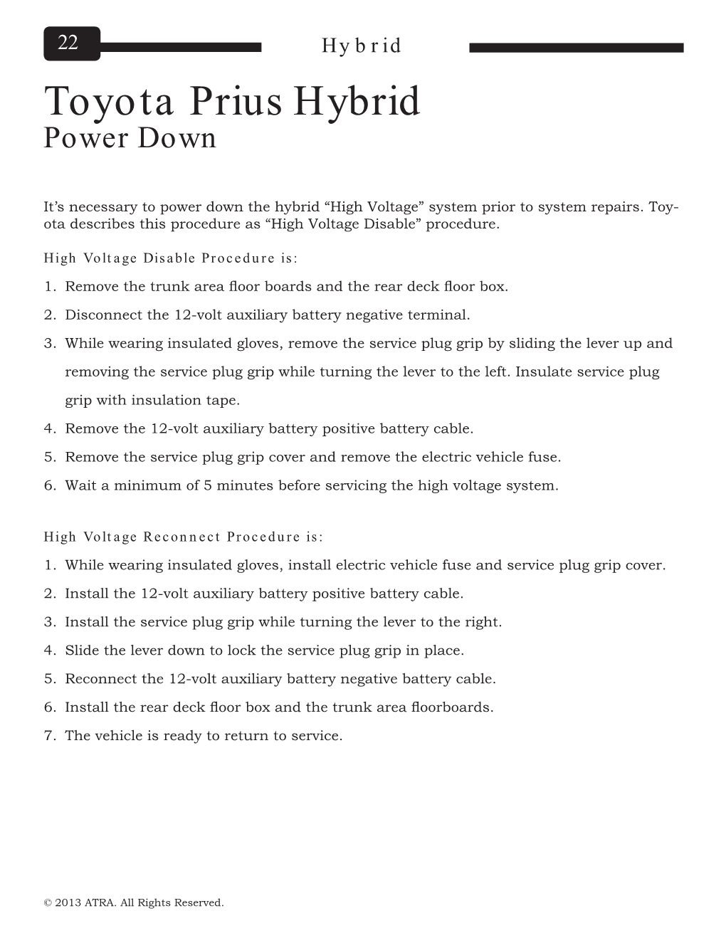 Toyota Prius Hybrid Power Down