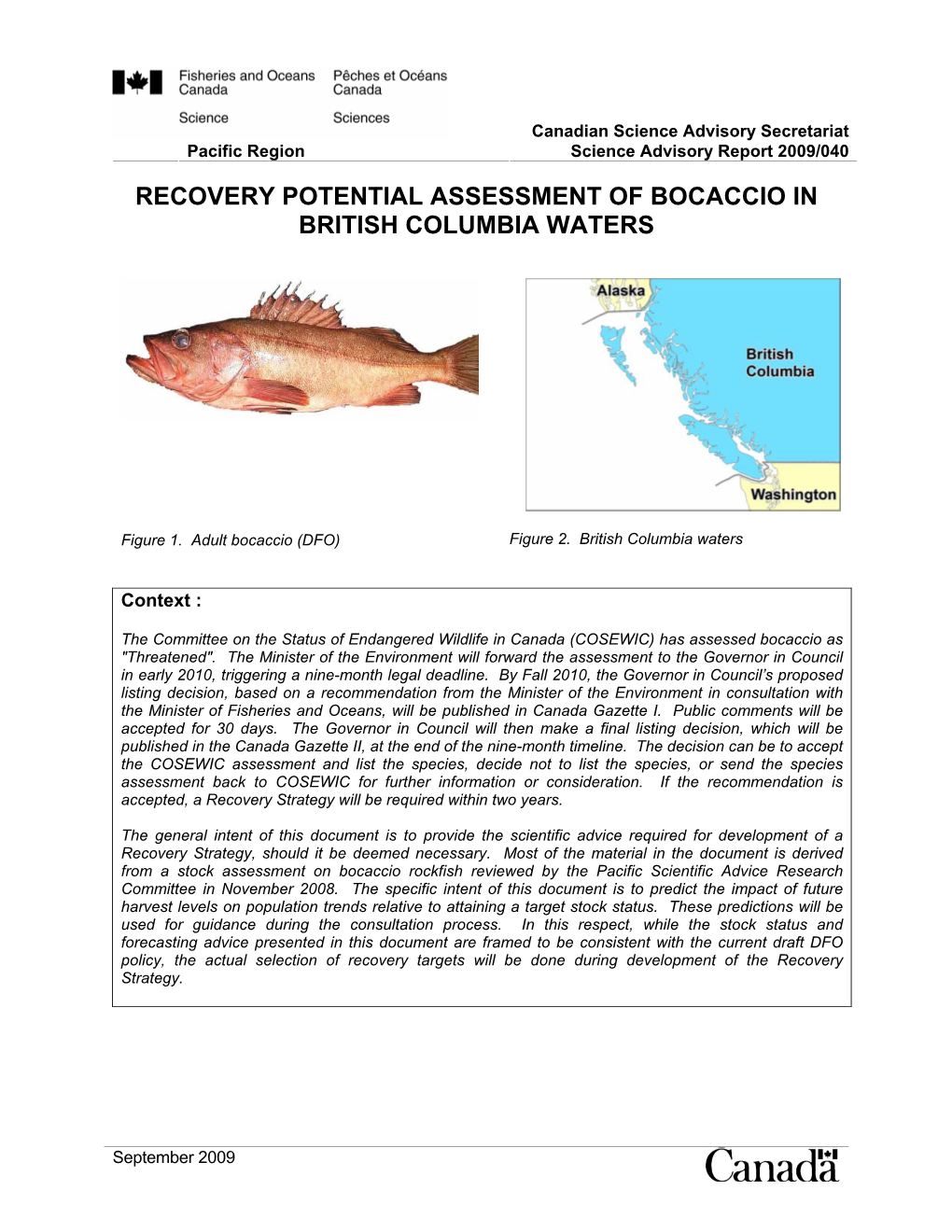 Recovery Potential Assessment of Bocaccio in British Columbia Waters