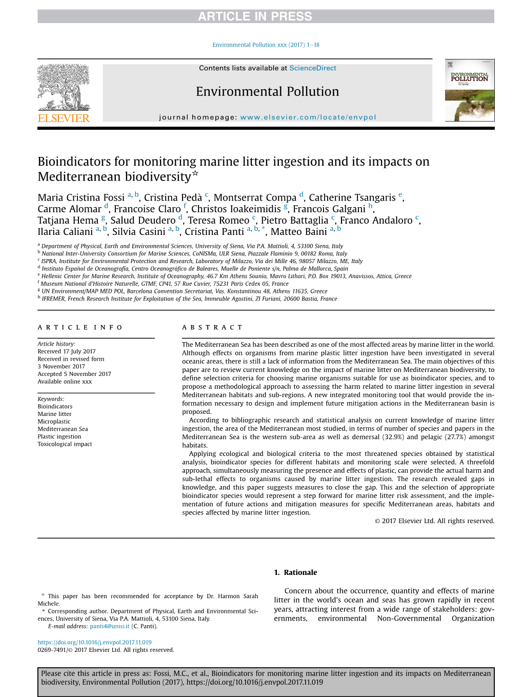 Bioindicators for Monitoring Marine Litter Ingestion and Its Impacts on Mediterranean Biodiversity*