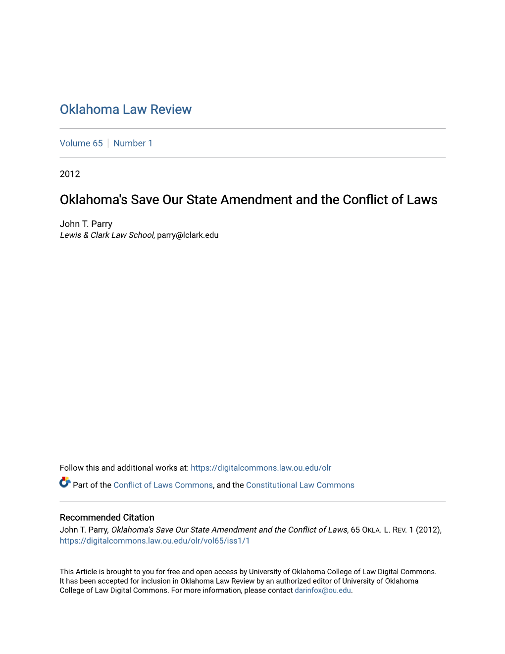 Oklahoma's Save Our State Amendment and the Conflict of Laws