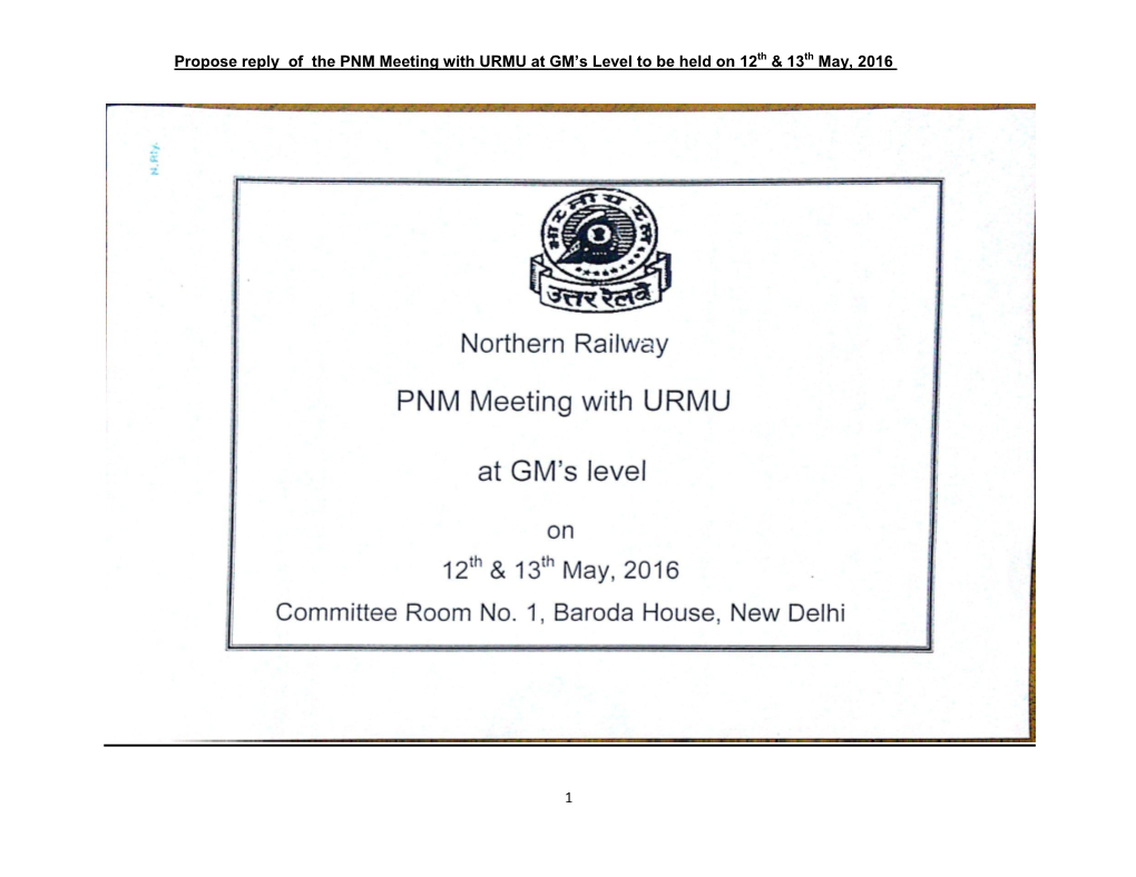 Propose Reply of the PNM Meeting with URMU at GM's Level to Be Held on 12Th & 13Th May, 2016 1