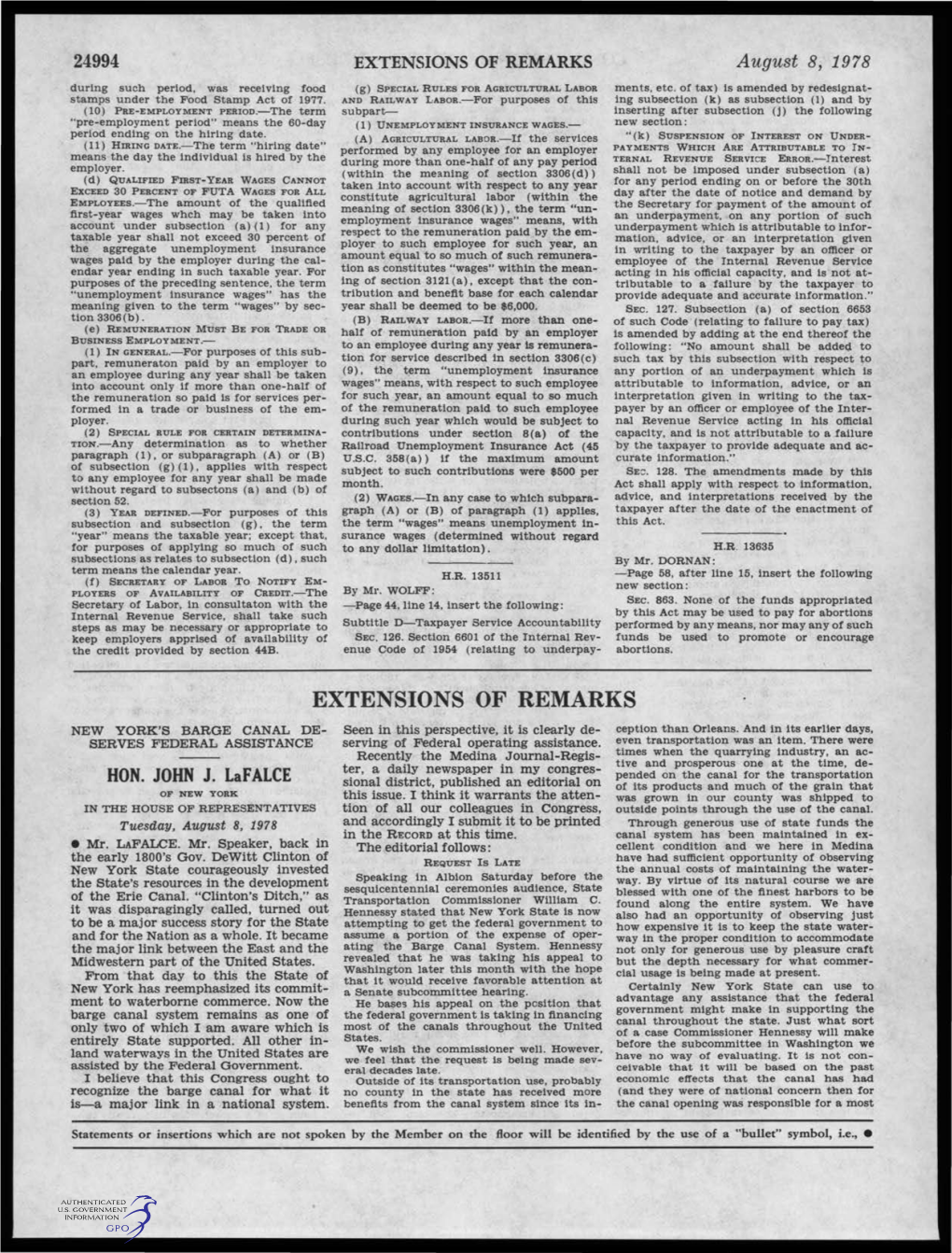 EXTENSIONS of REMARKS August 8, 1978 During Such Period, Was Receiving Food (G) SPECIAL RULES for AGRICULTURAL LABOR Ments, Etc