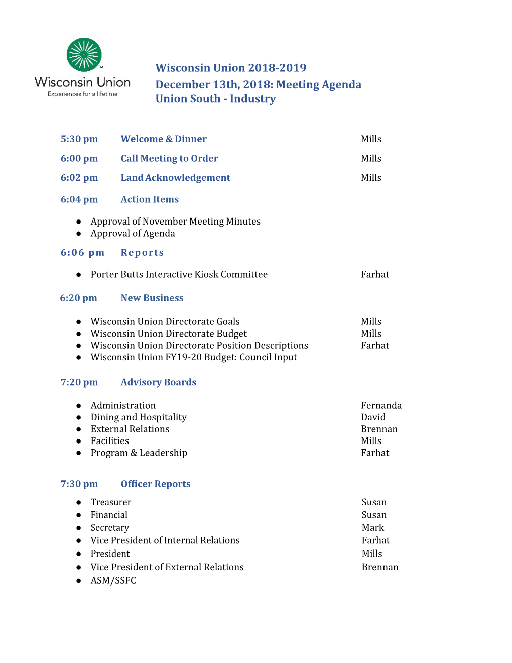 Wisconsin Union 2018-2019 December 13Th, 2018: Meeting Agenda Union South - Industry