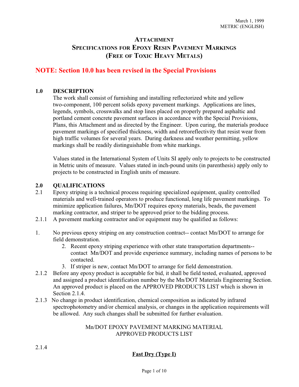 Specifications for Epoxy Resin Pavement Markings