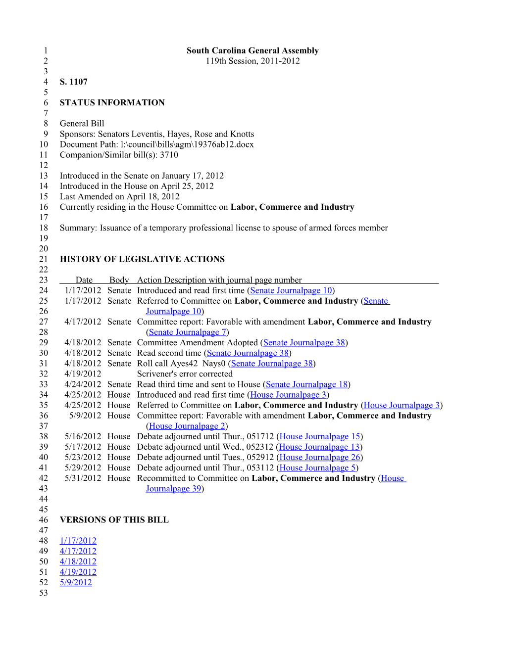 2011-2012 Bill 1107: Issuance of a Temporary Professional License to Spouse of Armed Forces