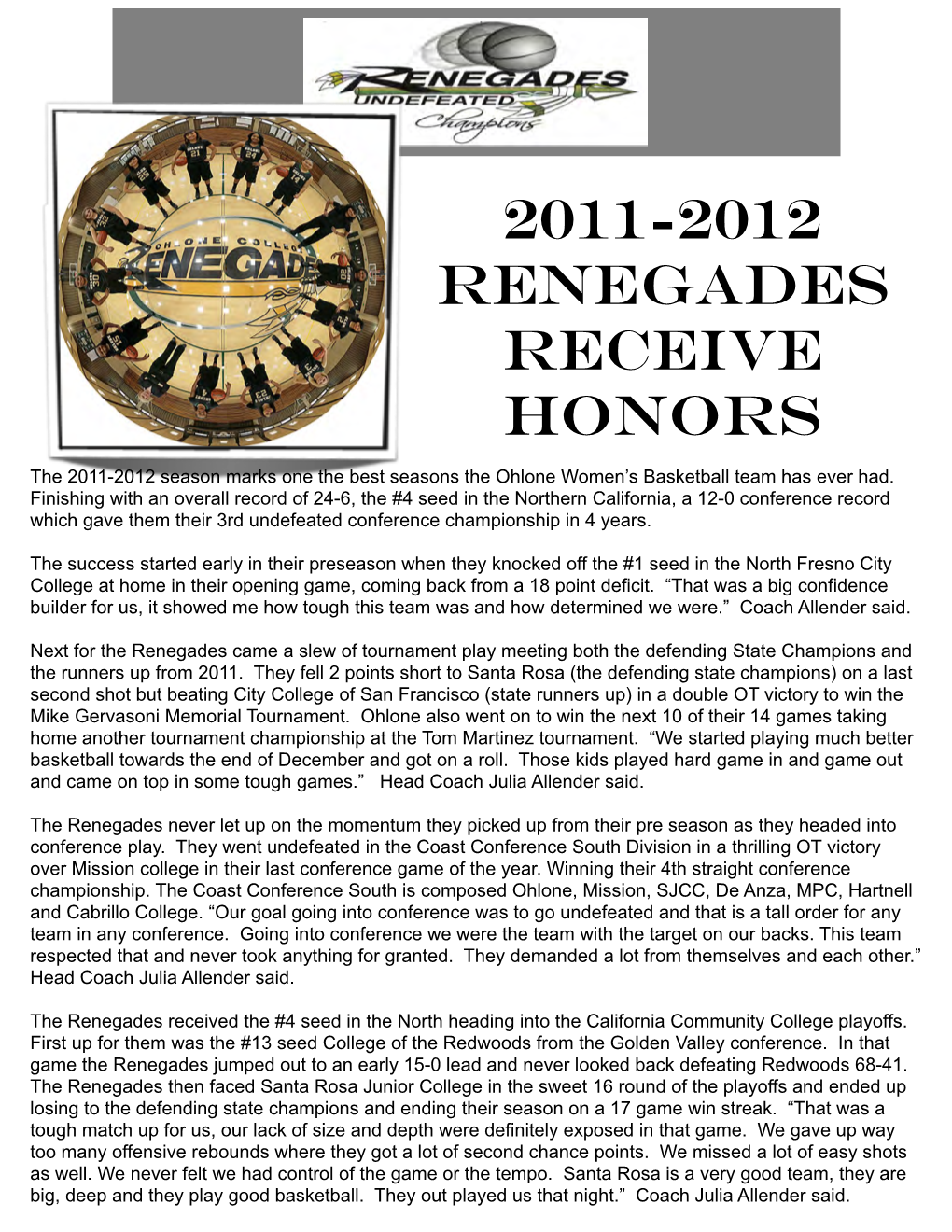 Women's Basketball 2011-2012 Receive Honors