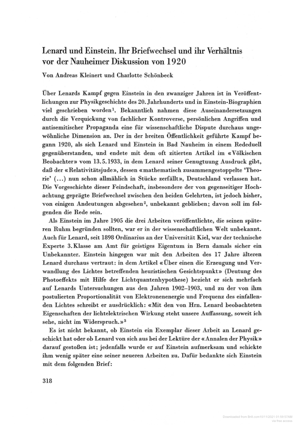 Lenard Und Einstein. Ihr Briefwechsel Und Ihr Verhältnis Vor Der Nauheimer Diskussion Von 1920 Von Andreas Kleinert Und Charlotte Schönbeck