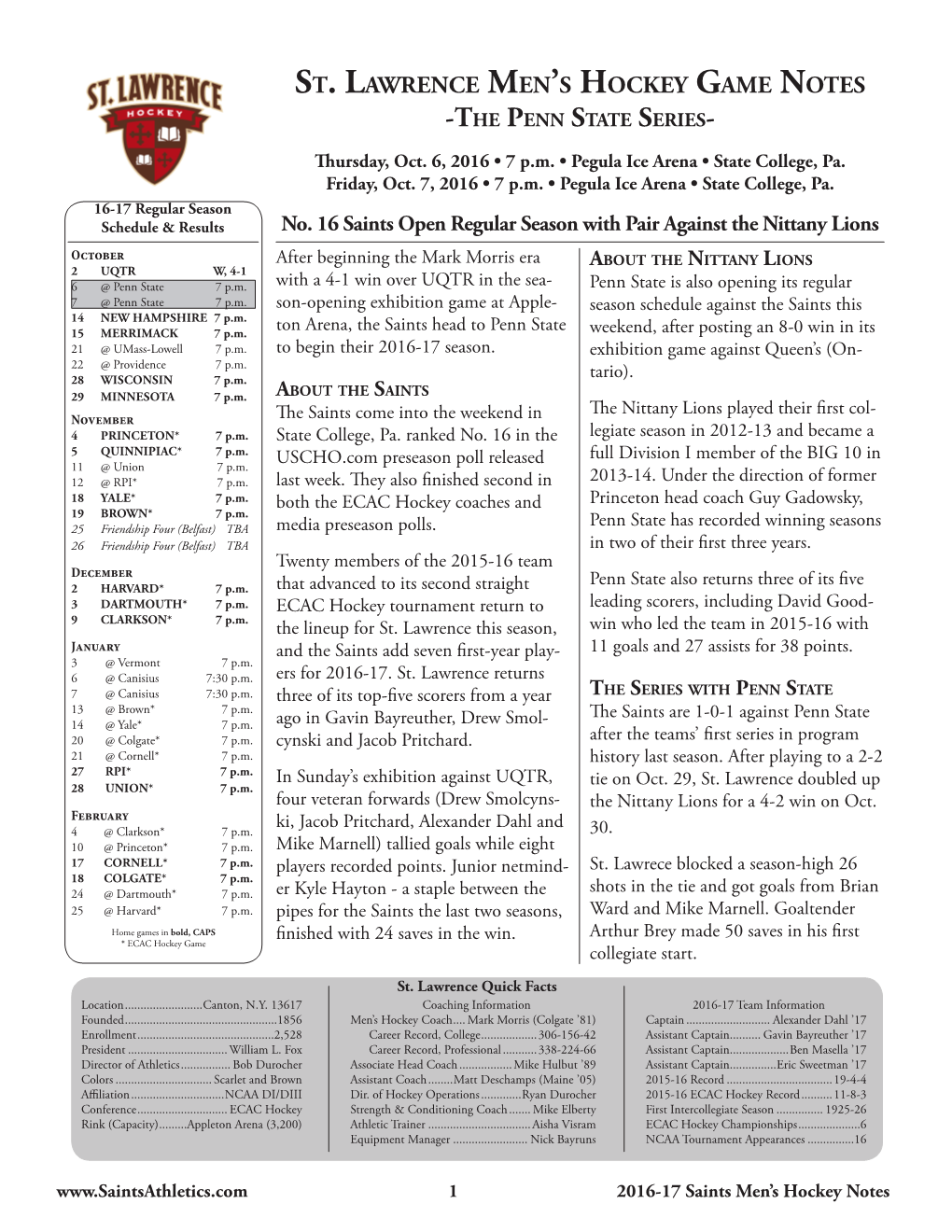 St. Lawrence Men's Hockey Game Notes