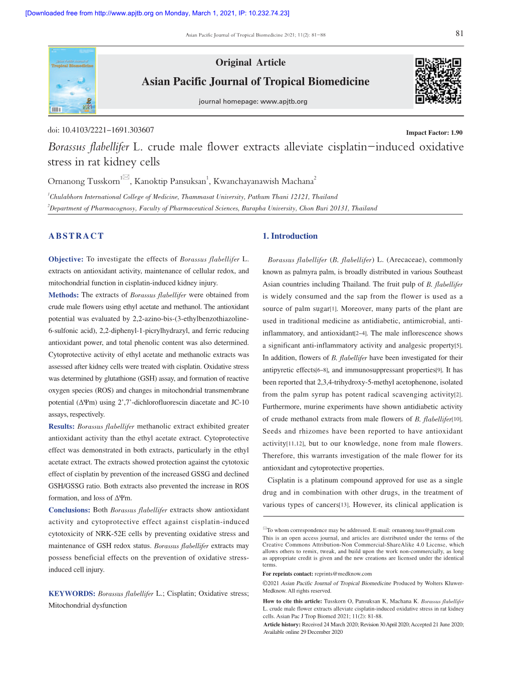 Borassus Flabellifer L. Crude Male Flower Extracts Alleviate Cisplatin