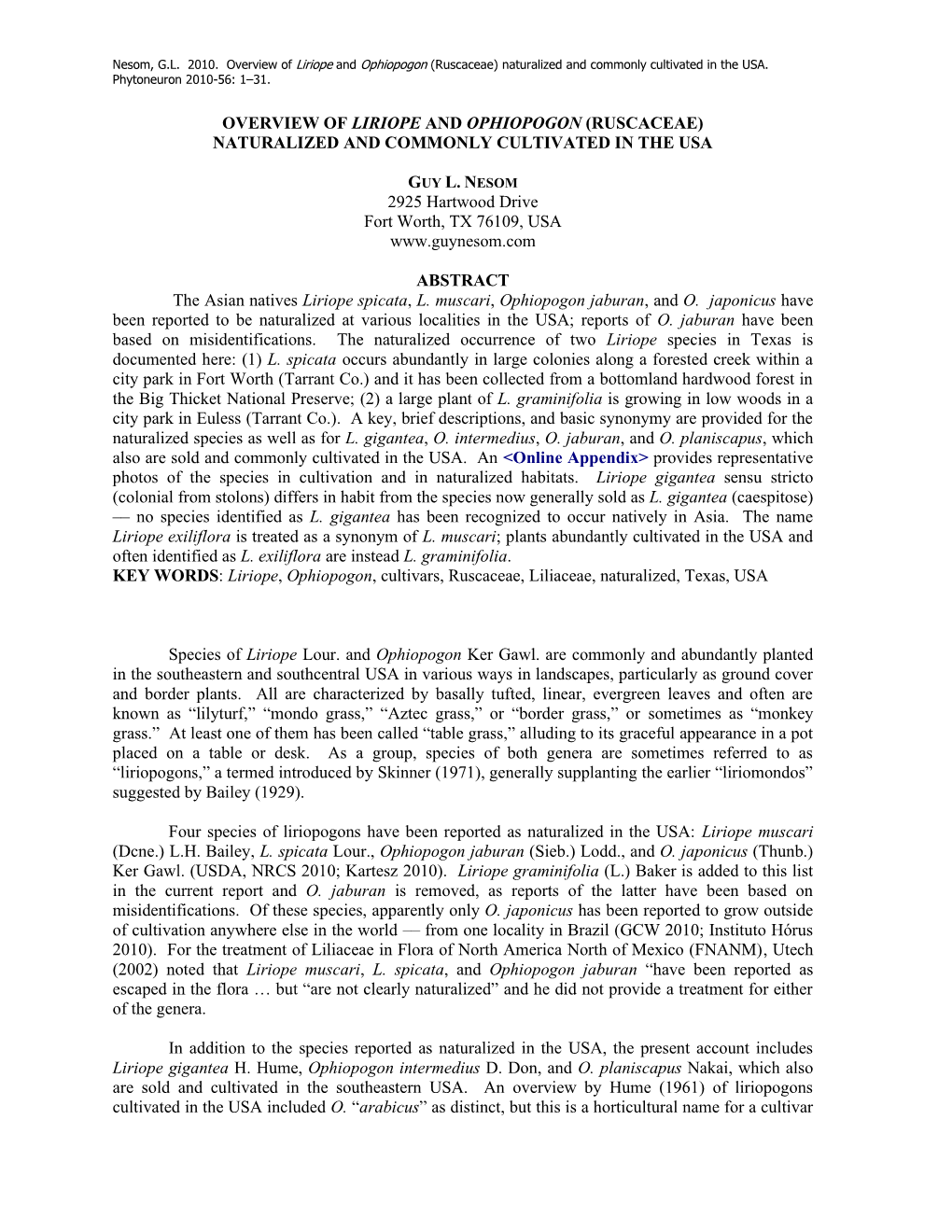 Overview of Liriope and Ophiopogon (Ruscaceae) Naturalized and Commonly Cultivated in the USA