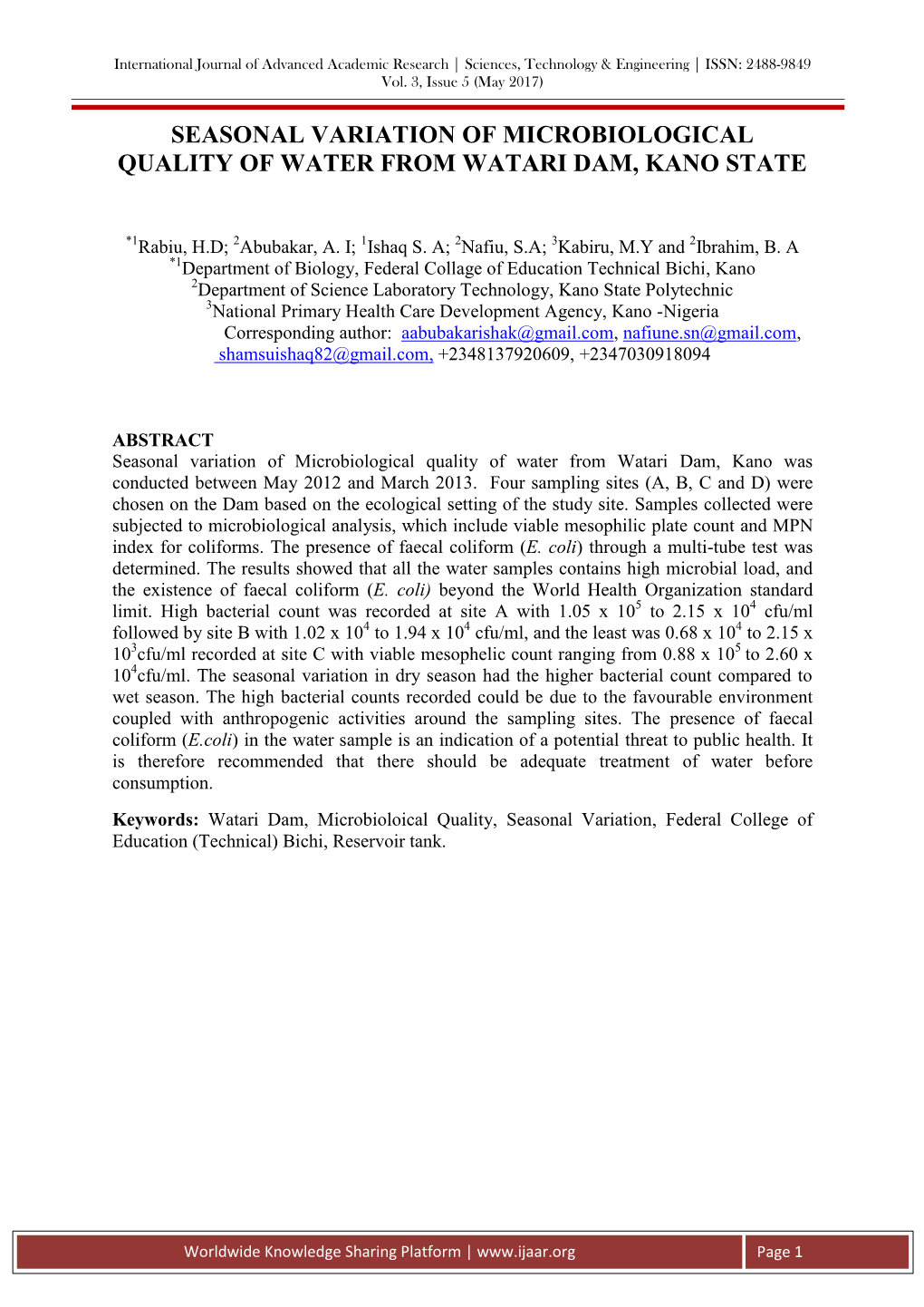 Seasonal Variation of Microbiological Quality of Water from Watari Dam, Kano State