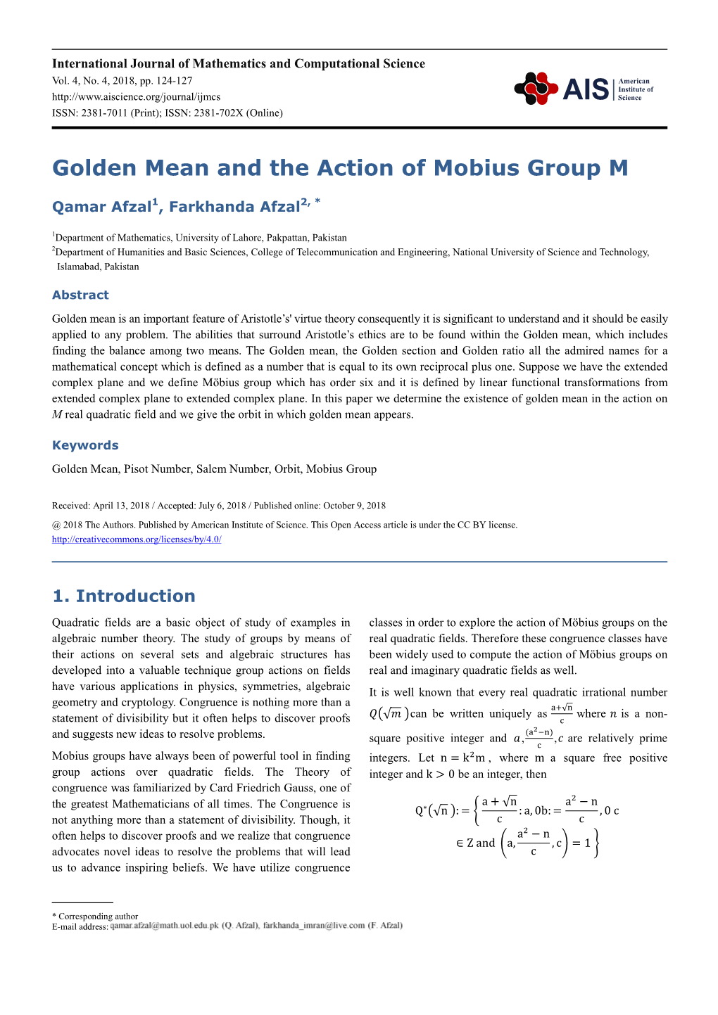 Golden Mean and the Action of Mobius Group M