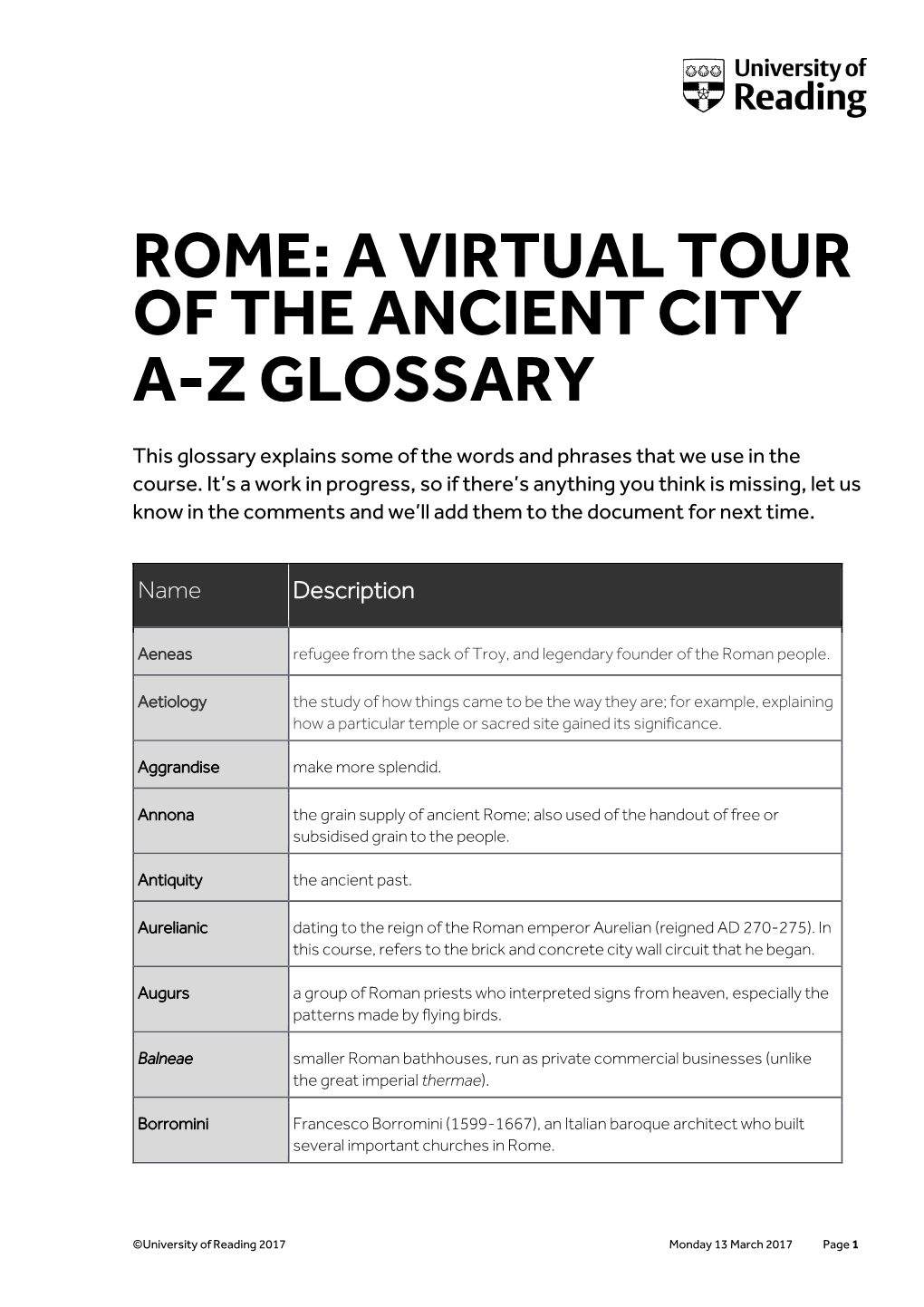 Rome: a Virtual Tour of the Ancient City A-Z Glossary