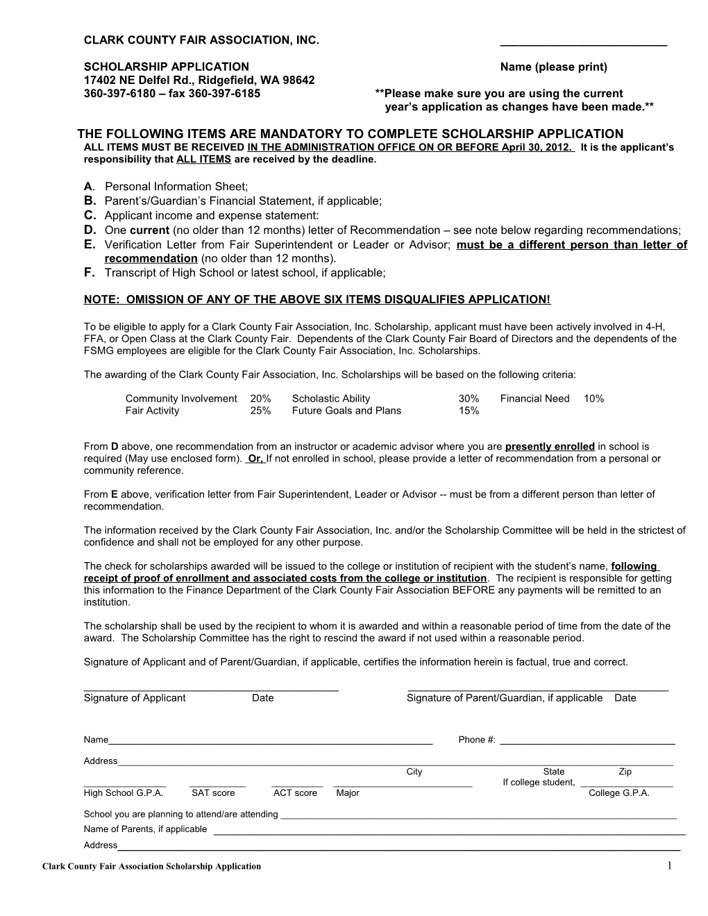 SCHOLARSHIP APPLICATION Name (Please Print)