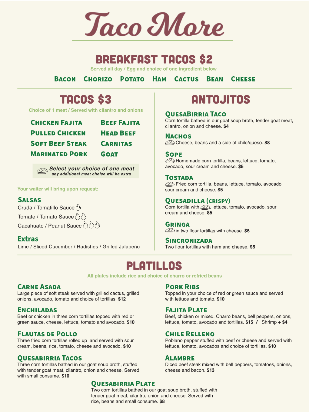 ANTOJITOS Breakfast Tacos $2 Tacos $3 Platillos