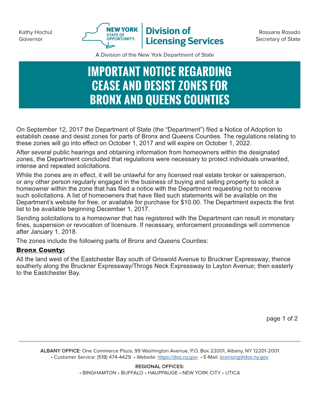 Important Notice Regarding Cease and Desist Zones for Bronx and Queens Counties